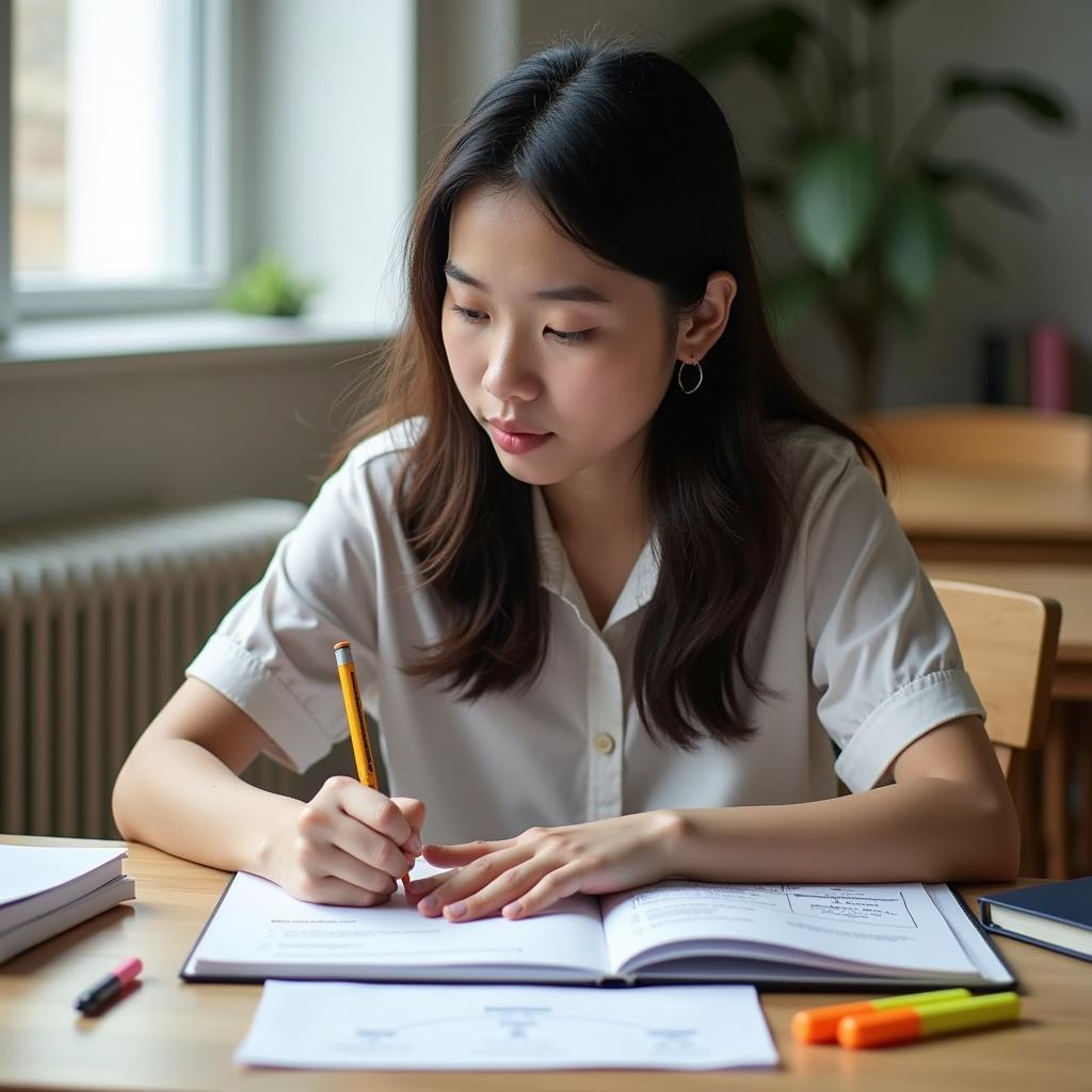 Học viên IELTS đang phân tích đề bài Writing Task 2 về cân bằng công việc và cuộc sống với sổ tay và bút