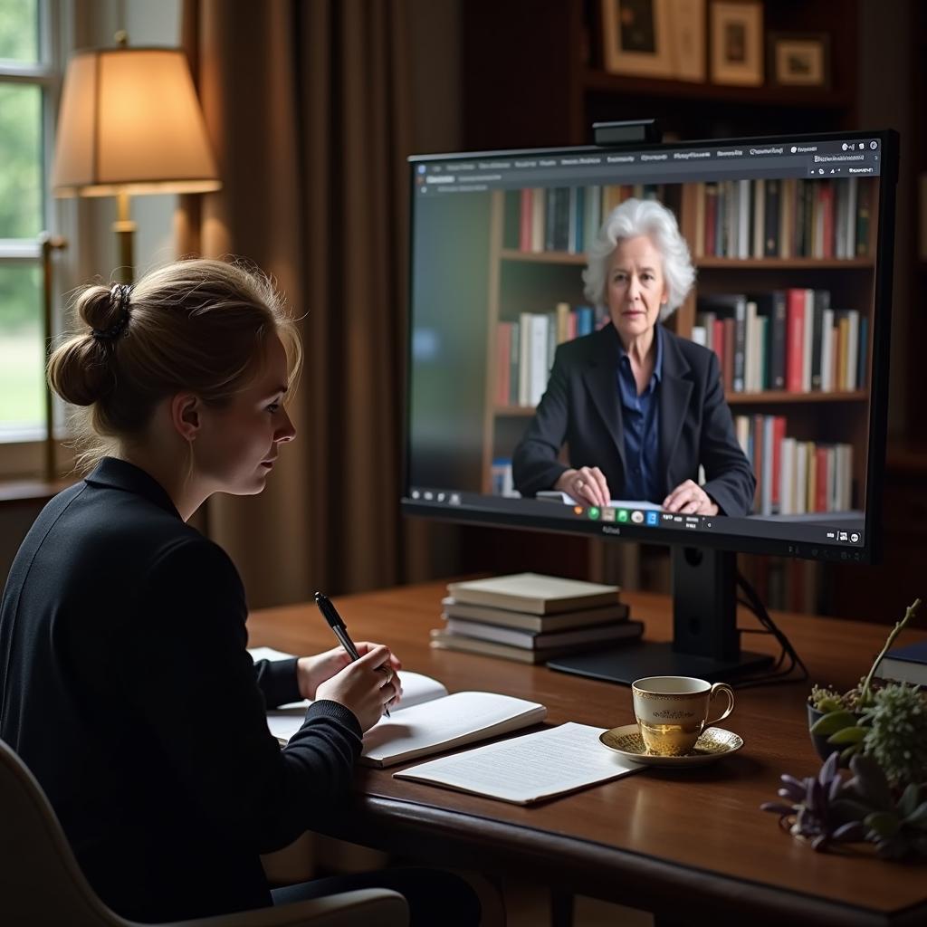 Không gian học tập chuyên nghiệp với học viên đang theo dõi khóa học MasterClass về creative writing trên màn hình