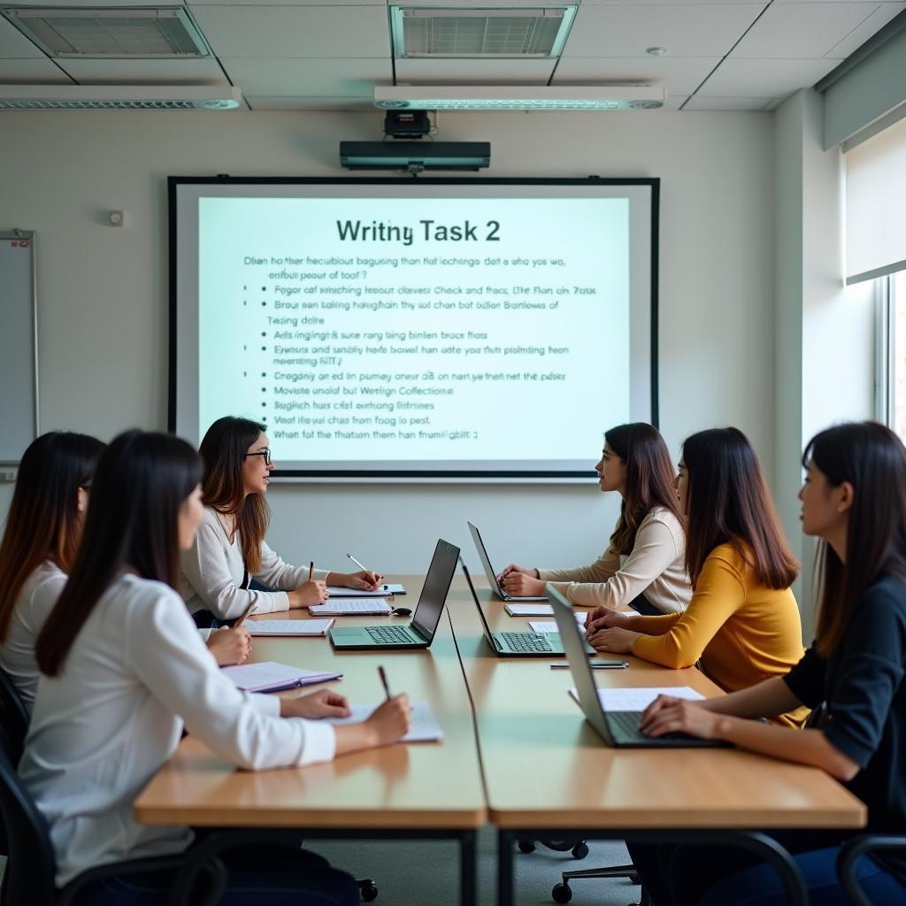 Học viên đang thảo luận và phân tích đề thi IELTS Writing Task 2 về kỹ năng số