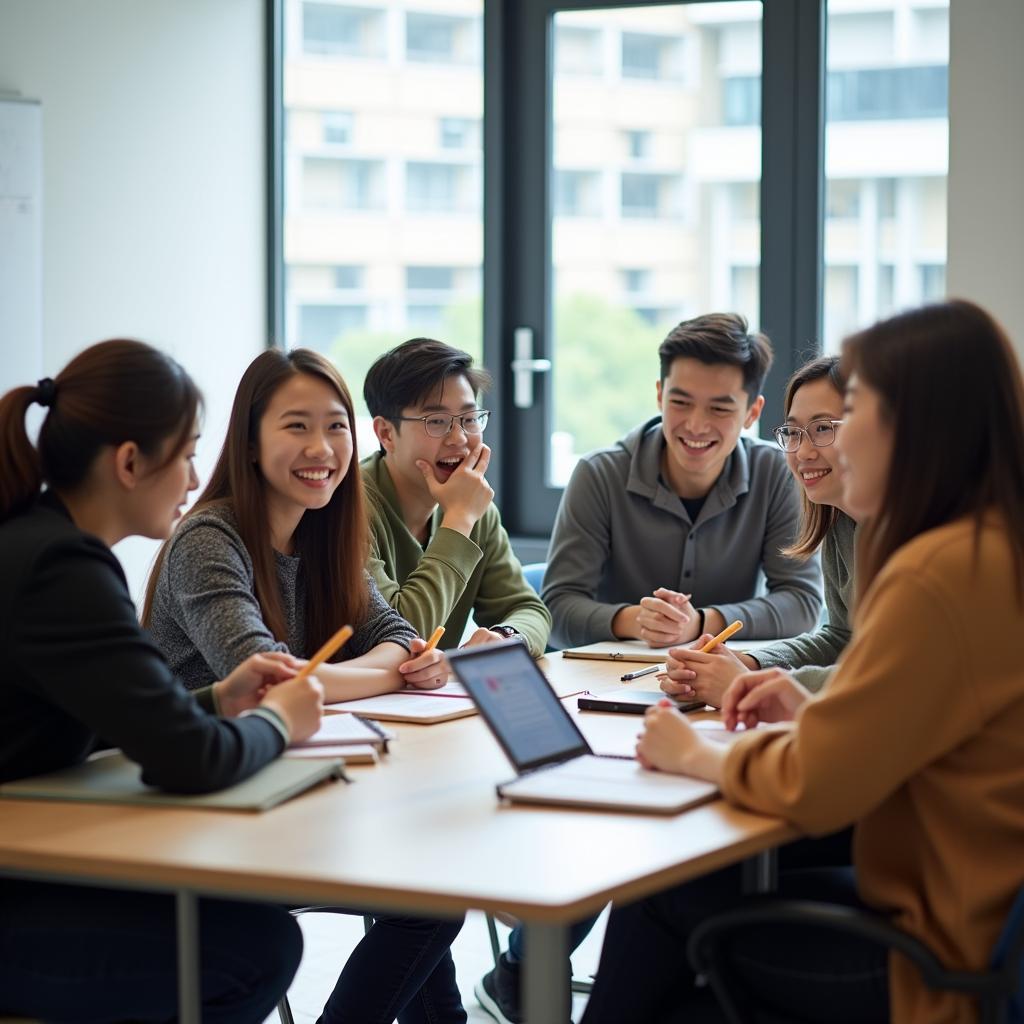 Học viên IELTS thảo luận nhóm về chủ đề leadership và quản lý dự án trong lớp luyện thi Speaking