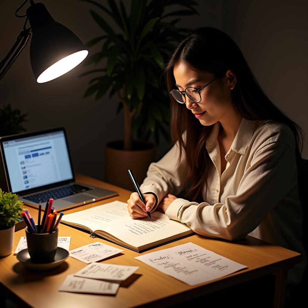 Học viên đang tự học và ghi chú từ vựng IELTS Speaking về quản lý thời gian