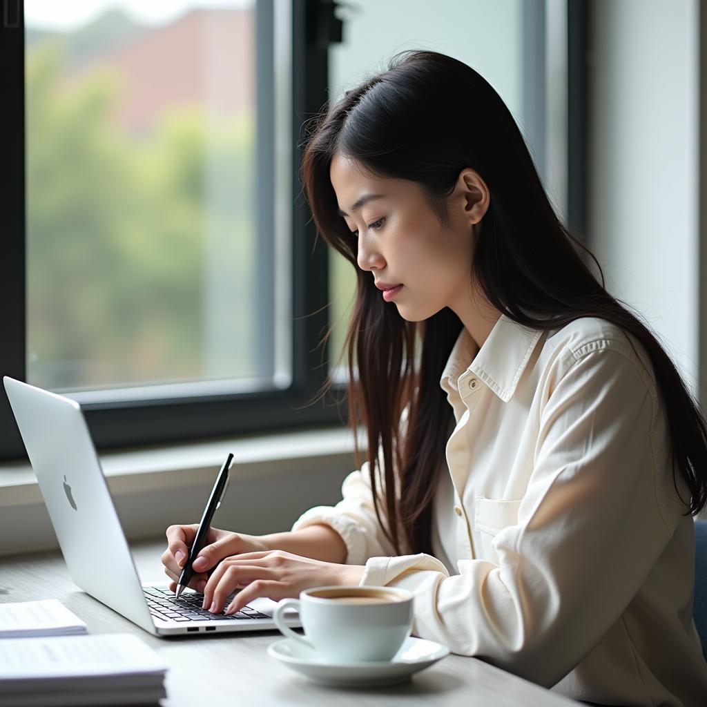 Học viên đang viết bài IELTS Writing Task 2 về chủ đề làm việc từ xa tại nhà với laptop và tài liệu ôn tập