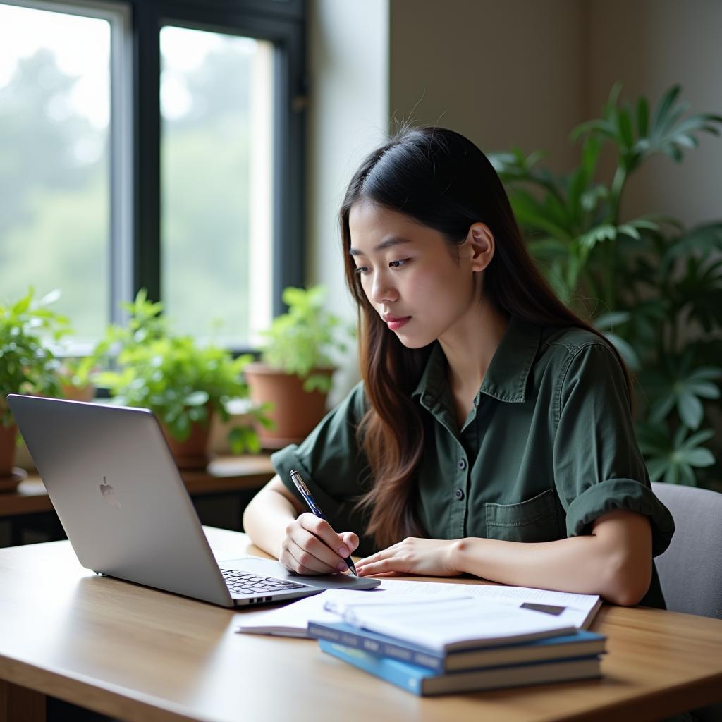 Học viên đang luyện viết IELTS Writing Task 2 về chủ đề cân bằng kinh tế và môi trường