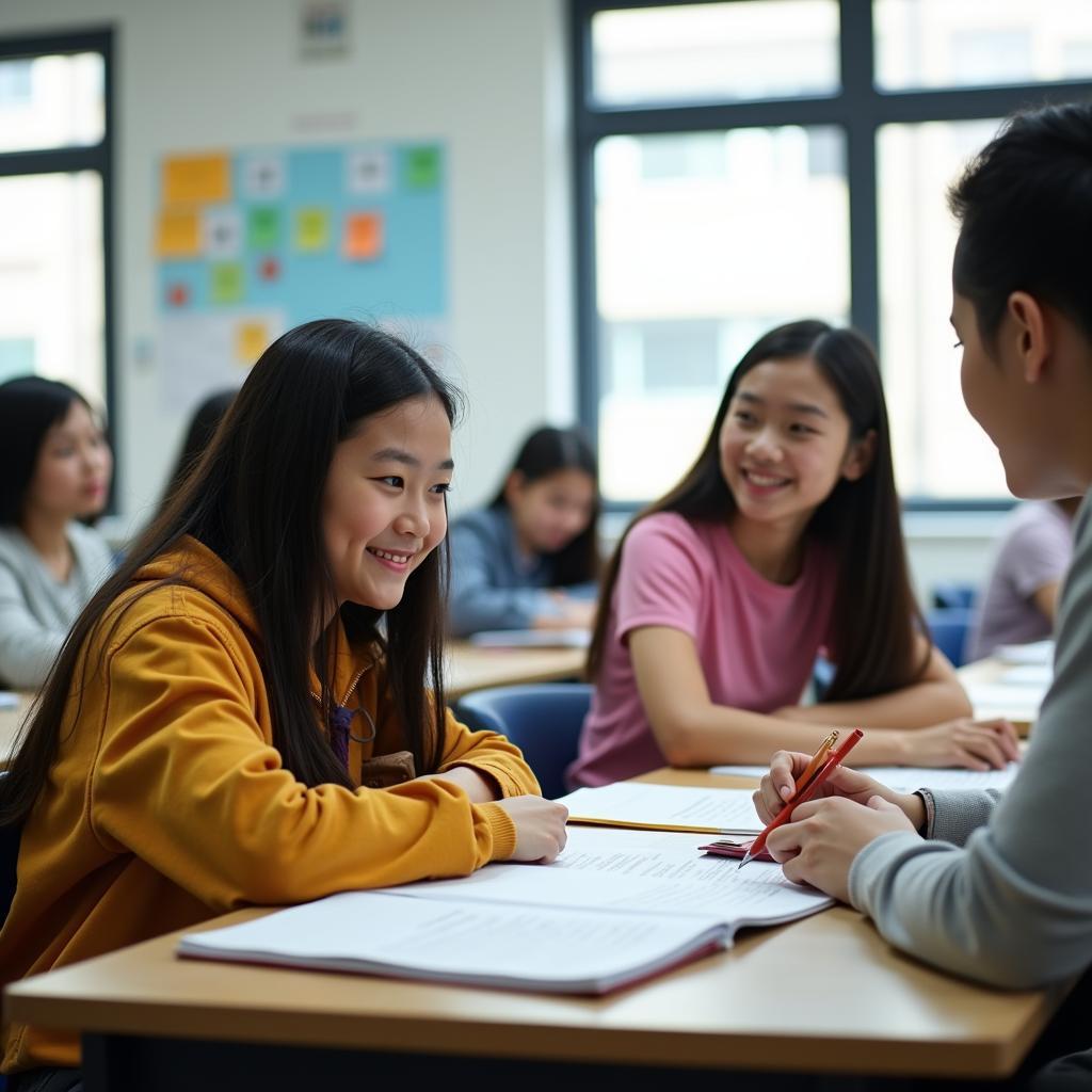 Học viên Việt Nam đang luyện tập IELTS Writing với sự hướng dẫn của giáo viên