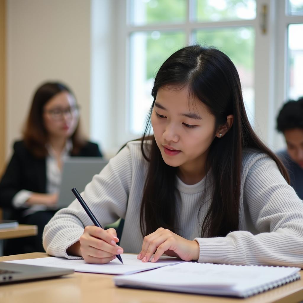 Học viên Việt Nam đang luyện tập IELTS Writing với giáo viên hướng dẫn