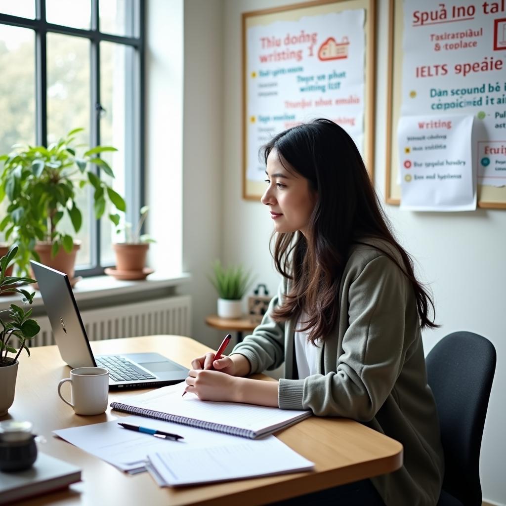 Học viên đang thực hành viết tiếng Anh cho bài thi IELTS với các bài mẫu band điểm cao