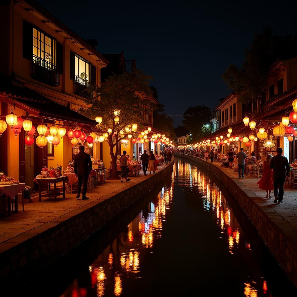 Phố cổ Hội An về đêm với hàng trăm đèn lồng lụa rực rỡ phản chiếu trên mặt nước