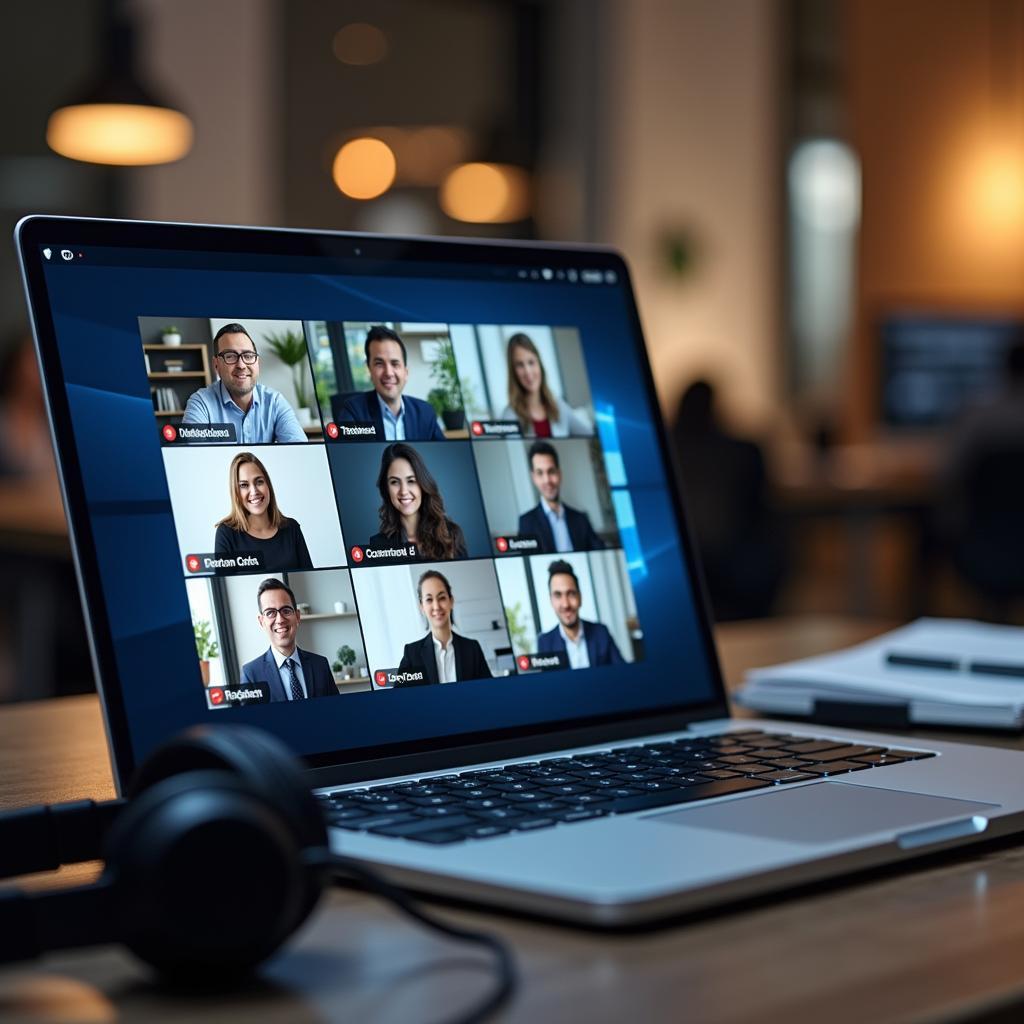 Hội thảo trực tuyến chuyên nghiệp với nhiều người tham gia trên màn hình máy tính minh họa virtual event