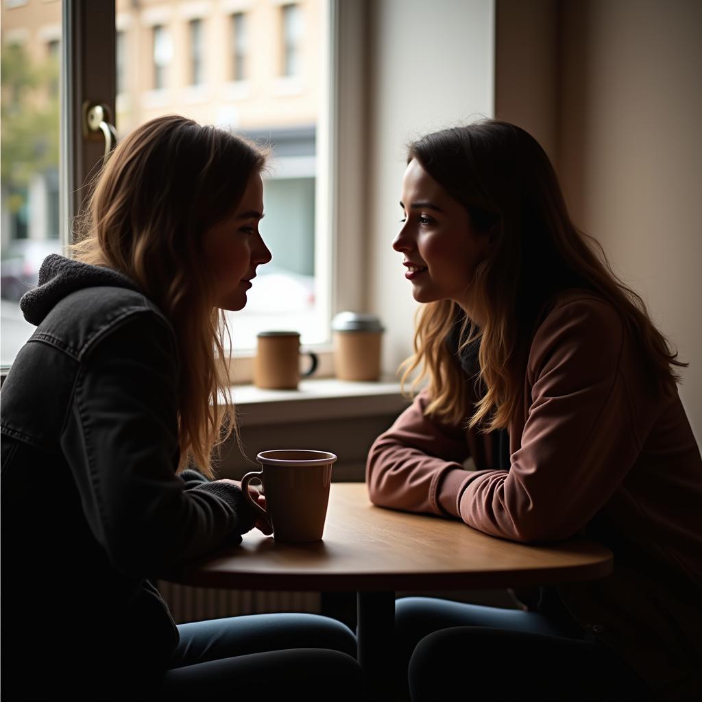 Hai người bạn đang có cuộc trò chuyện sâu sắc và chân thành, thể hiện tình bạn chất lượng trong IELTS Speaking Part 3