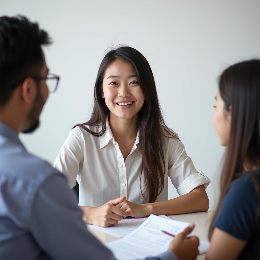 Học viên IELTS đang trả lời câu hỏi Part 1 về chủ đề bạn bè thời thơ ấu với examiner