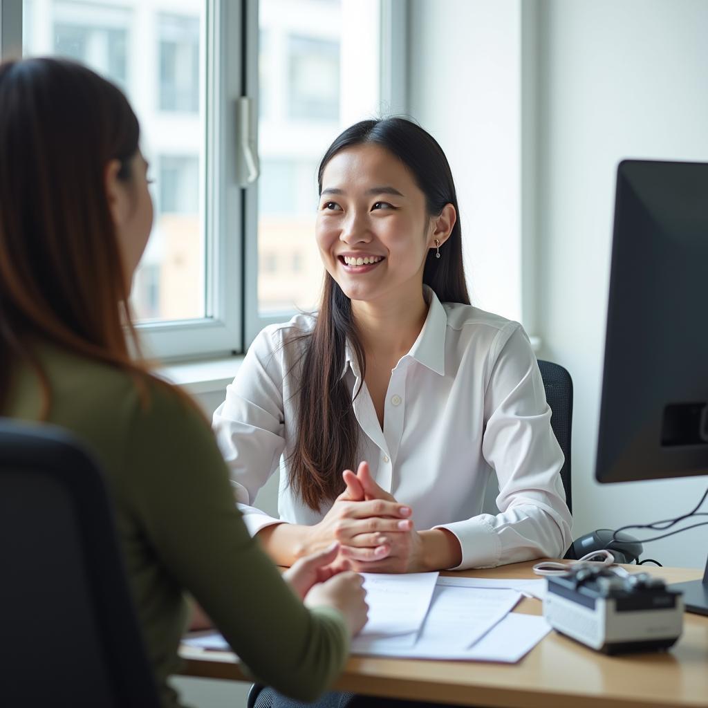 Học viên IELTS thực hành trả lời câu hỏi Part 1 về quản lý thời gian và làm việc dưới áp lực với giám khảo