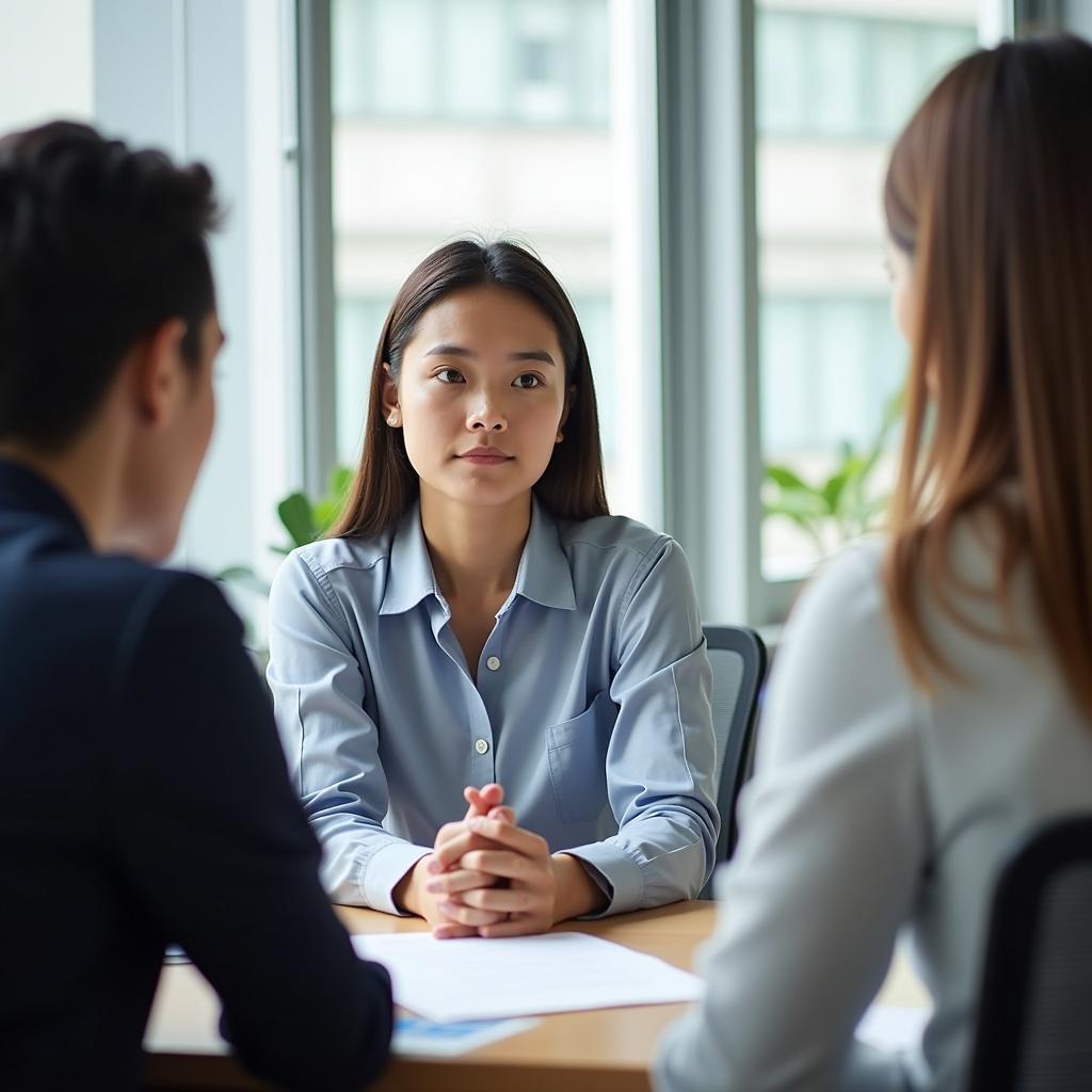 Thí sinh IELTS đang trả lời câu hỏi về quyết định khó khăn trong Part 1 với giám khảo trong phòng thi