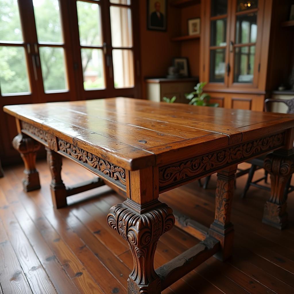 Bàn ăn gỗ teak cổ điển truyền thống trong gia đình Việt Nam với ánh sáng tự nhiên