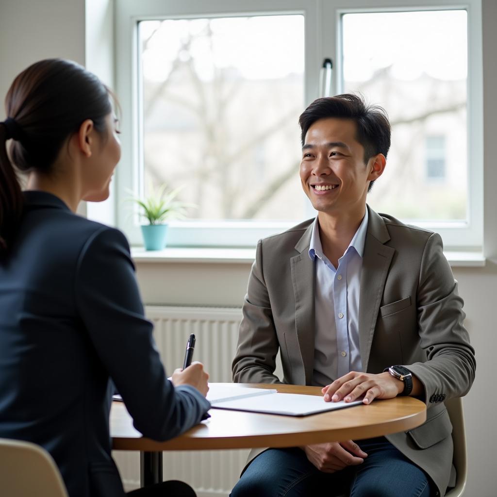 Thí sinh IELTS Speaking tự tin trả lời câu hỏi về thành công cá nhân với examiner trong phòng thi