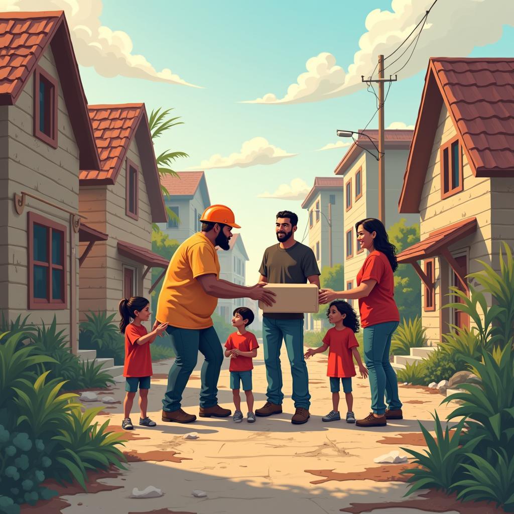 Hình ảnh minh họa cộng đồng đoàn kết khắc phục hậu quả sau thiên tai trong IELTS Writing Task 2