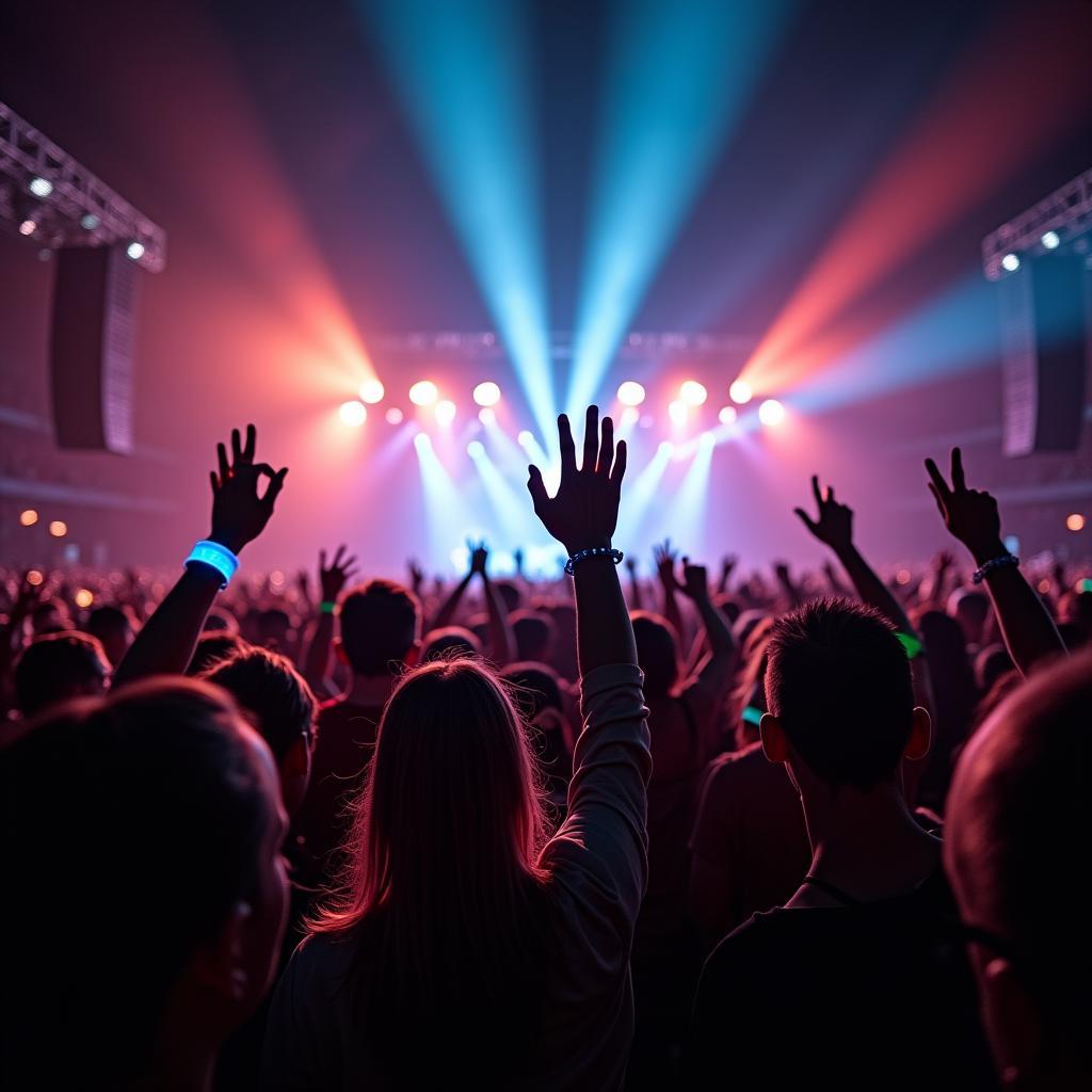 Khán giả cuồng nhiệt tại buổi hòa nhạc trực tiếp với đèn sân khấu rực rỡ và không khí sôi động