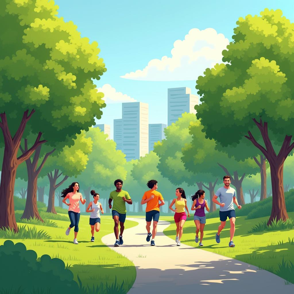 Công viên đô thị xanh mát với người dân tập thể dục và thư giãn minh họa tác động tích cực của không gian xanh đến sức khỏe cộng đồng