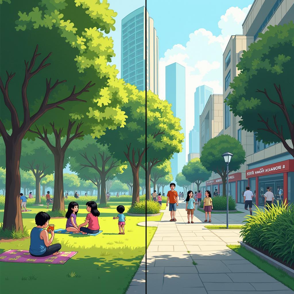Minh họa không gian xanh đô thị đang biến mất được thảo luận trong IELTS Speaking Part 2