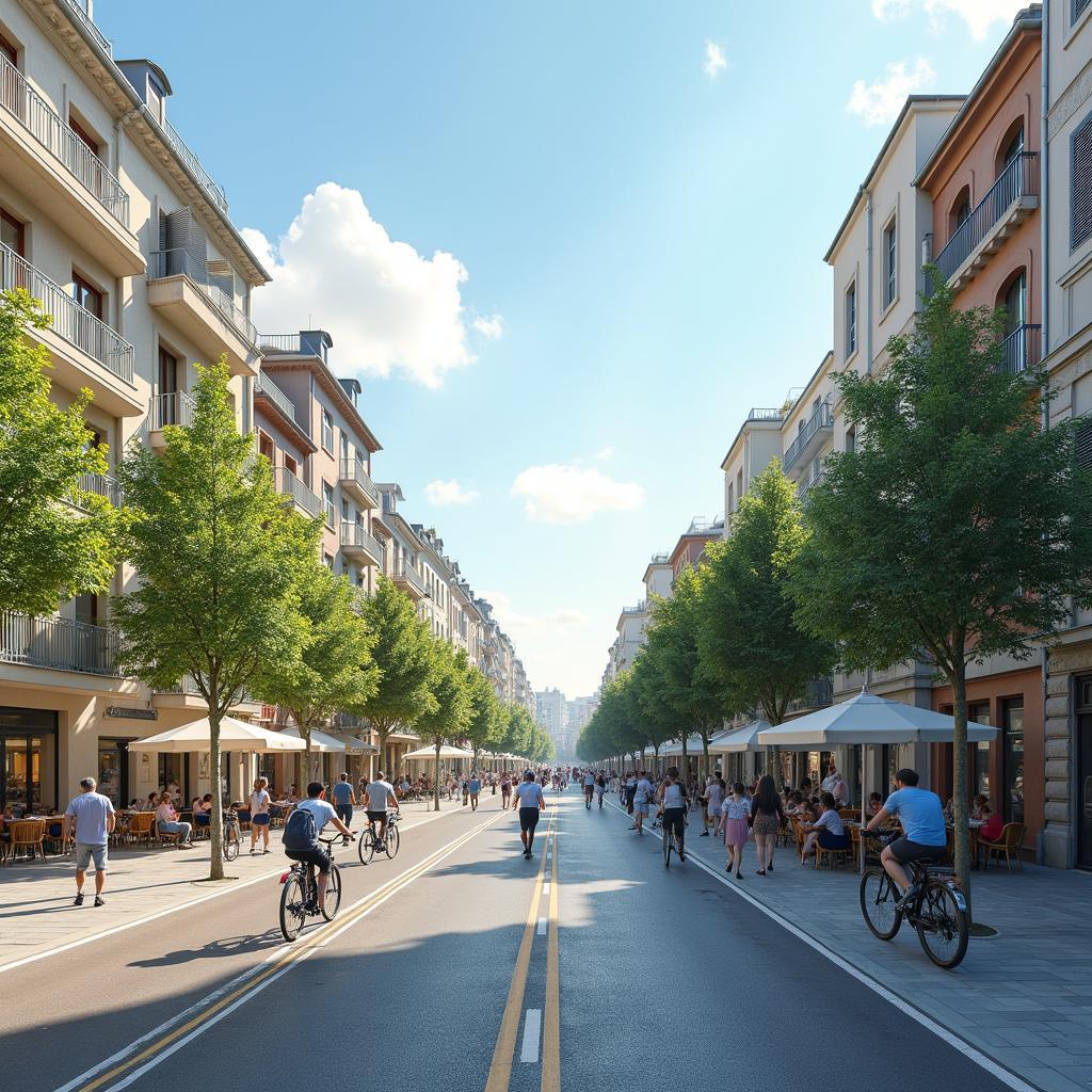 Hình ảnh minh họa khu vực cấm xe ô tô tại trung tâm thành phố với người đi bộ và xe đạp