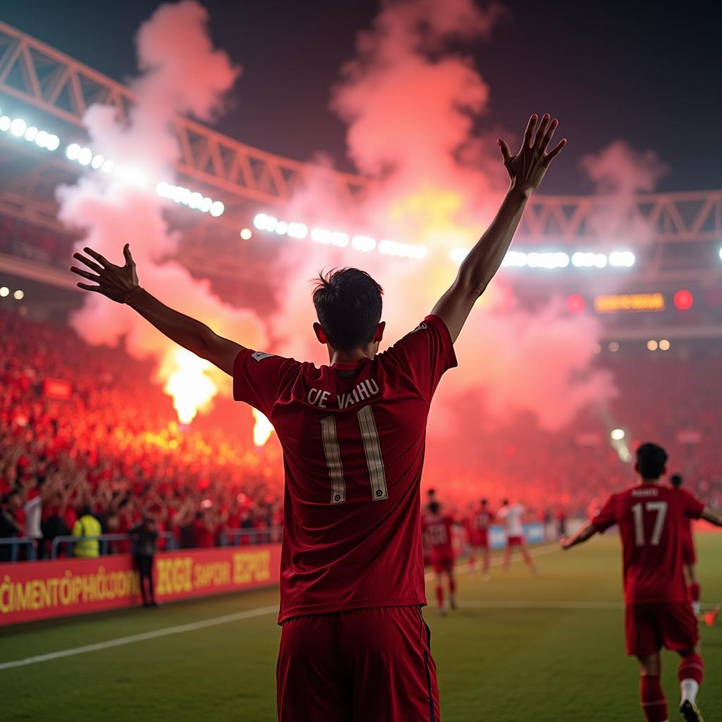 Khoảnh khắc cầu thủ Việt Nam ghi bàn với người hâm mộ ăn mừng cuồng nhiệt trong sân vận động dưới ánh đèn sáng rực