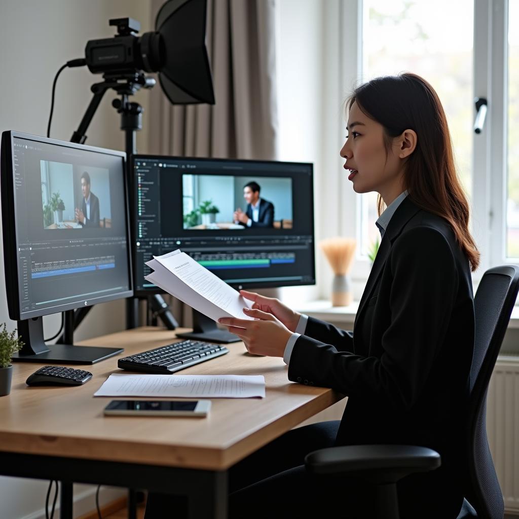 Thí sinh IELTS Speaking mô tả kỹ năng chỉnh sửa video vừa học được với laptop và thiết bị hiện đại