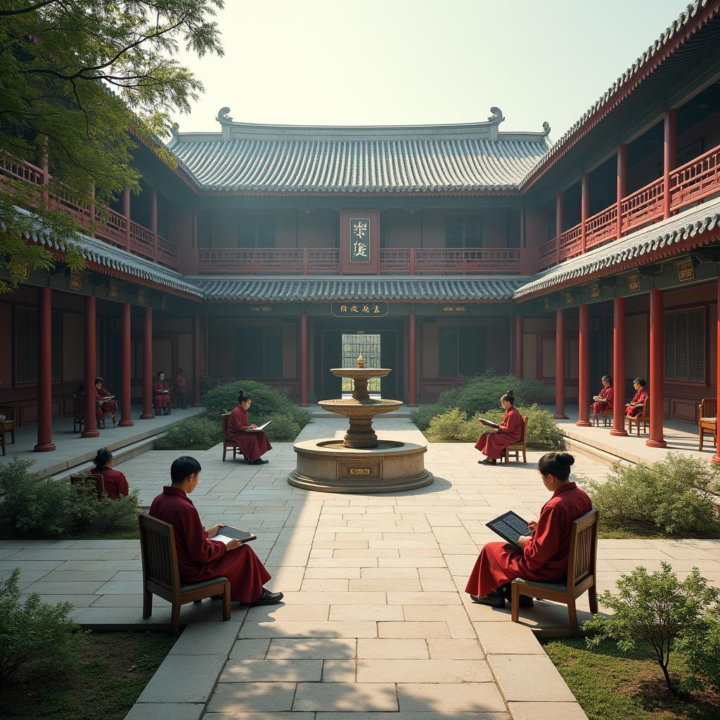 Kiến trúc truyền thống của học viện Trung Quốc với sân vườn khép kín thể hiện giá trị Nho giáo trong giáo dục