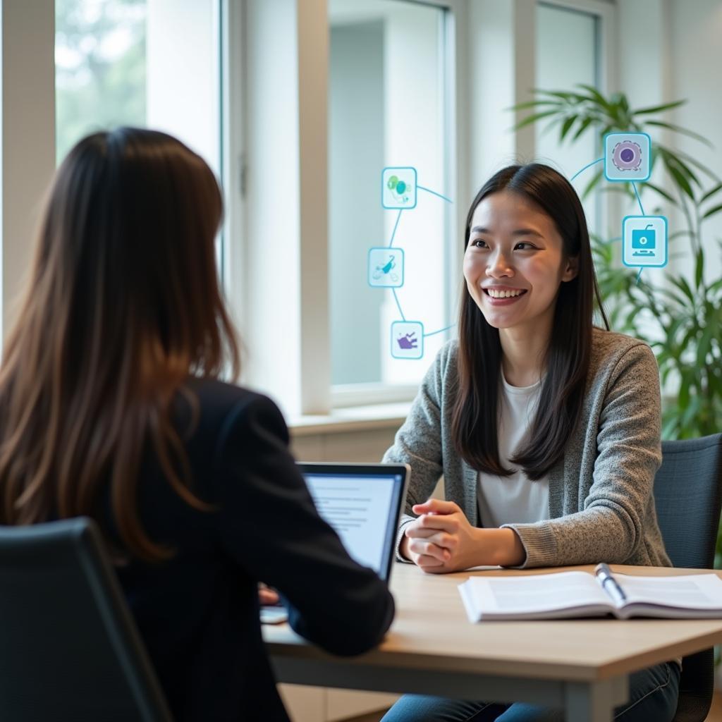 Học viên đang trả lời câu hỏi về kỹ năng số trong phần thi IELTS Speaking Part 1 với giám khảo