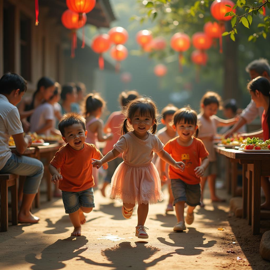 Kỷ niệm đẹp về các buổi lễ gia đình thời thơ ấu với trẻ em chơi đùa vui vẻ