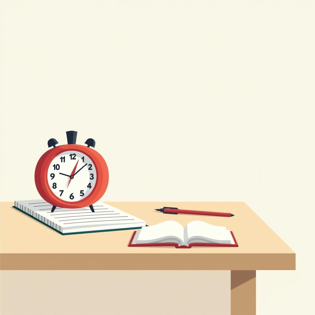 Hình ảnh minh họa kỹ thuật Pomodoro với đồng hồ cà chua và sách vở IELTS giúp tăng cường sự tập trung.