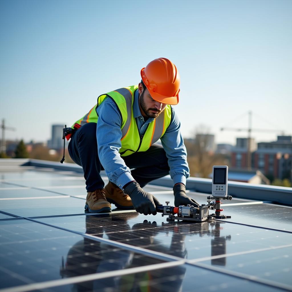 Kỹ thuật viên năng lượng tái tạo đang làm việc với hệ thống điện mặt trời hiện đại trên mái nhà