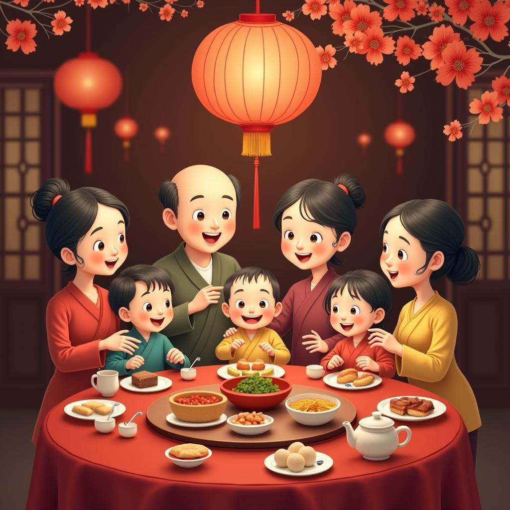 Gia đình Việt Nam vui vẻ sum họp trong ngày Tết Nguyên Đán với bánh chưng và hoa đào