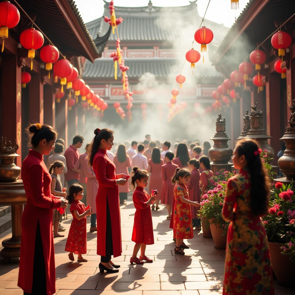 Lễ hội truyền thống Việt Nam Tết Nguyên Đán với không khí sôi động và đông đúc tại chùa