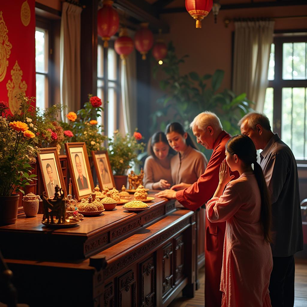 Lễ thành miếu gia đình Việt Nam với nhiều thế hệ cùng dâng hương tưởng nhớ tổ tiên, thể hiện truyền thống văn hóa sâu sắc