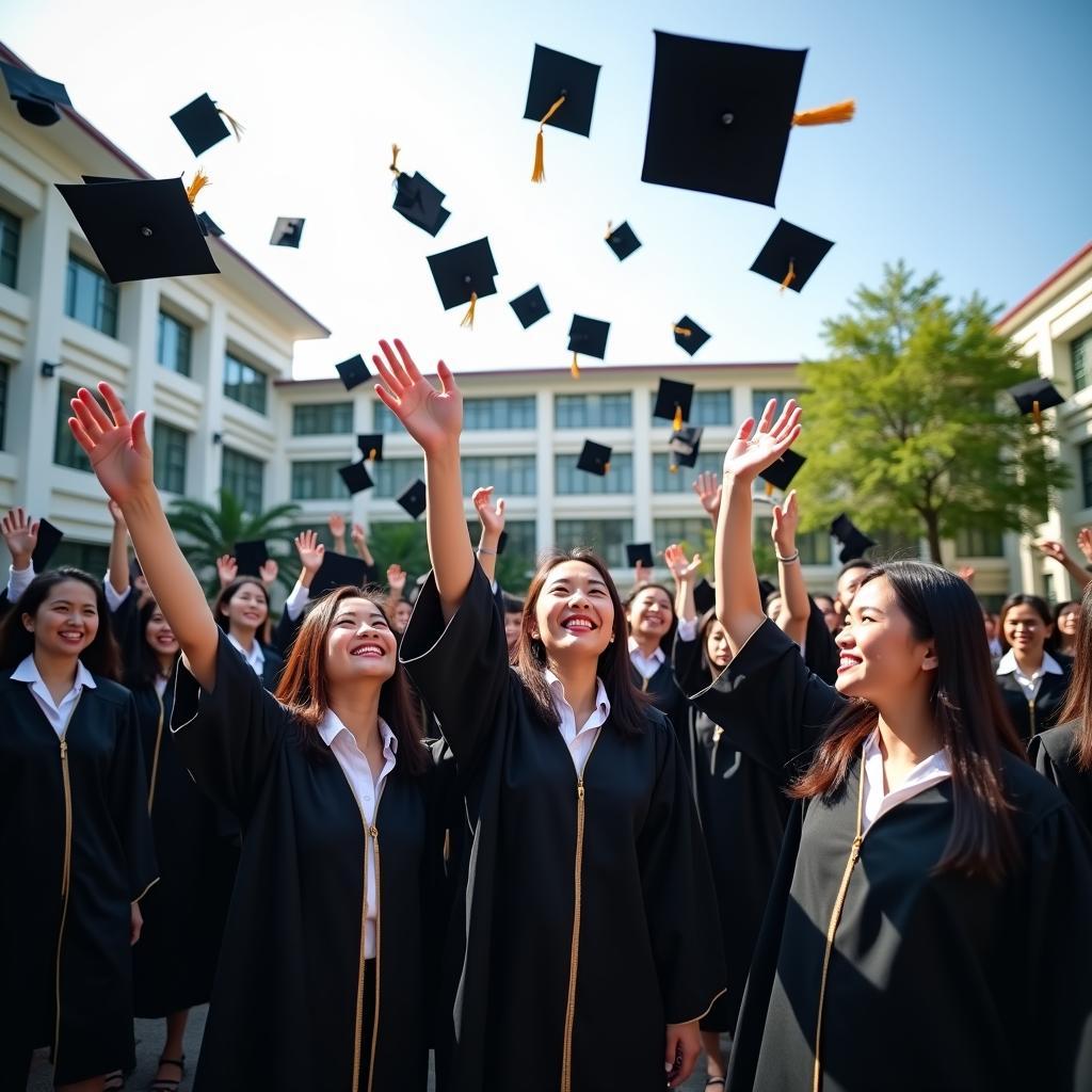 Lễ tốt nghiệp đại học với sinh viên mặc áo tốt nghiệp và gia đình tham dự - minh họa chủ đề IELTS Speaking