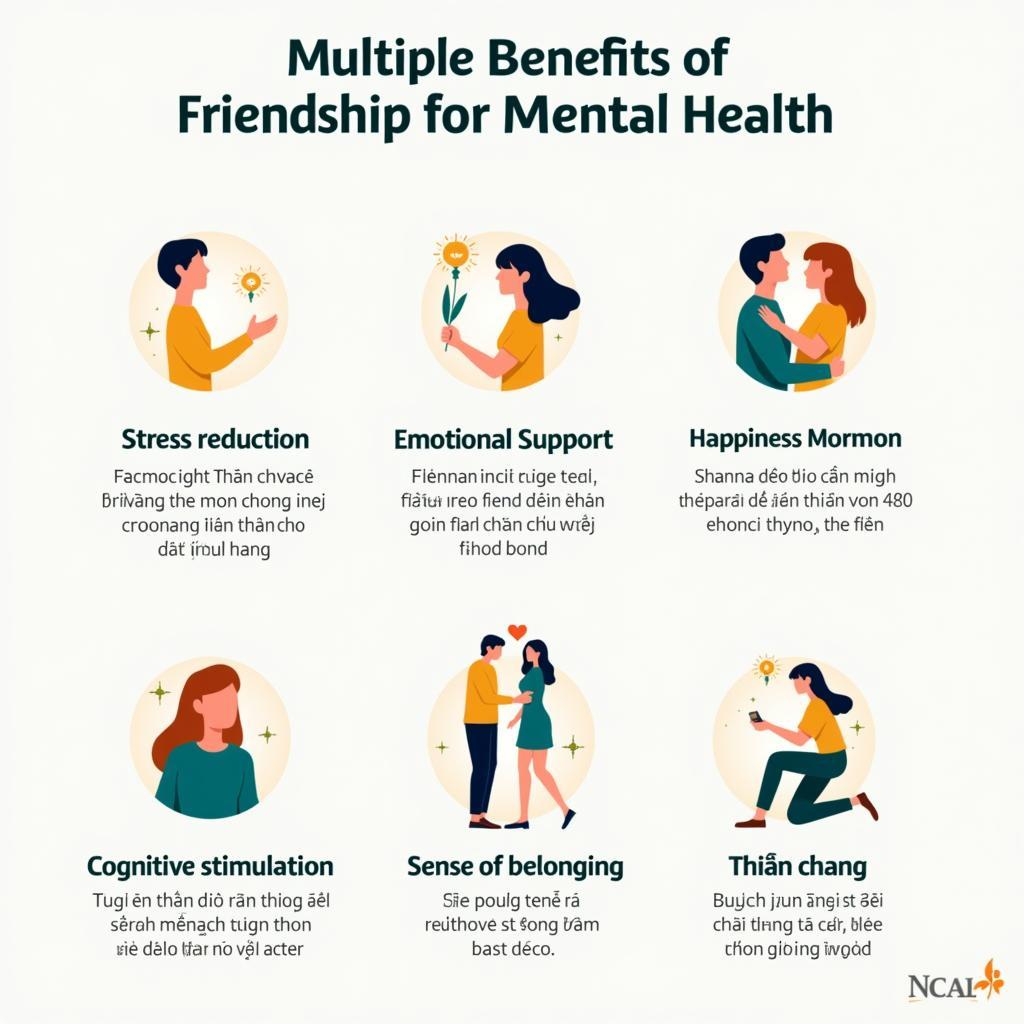 Biểu đồ minh họa các lợi ích của tình bạn đối với sức khỏe tâm thần và hạnh phúc