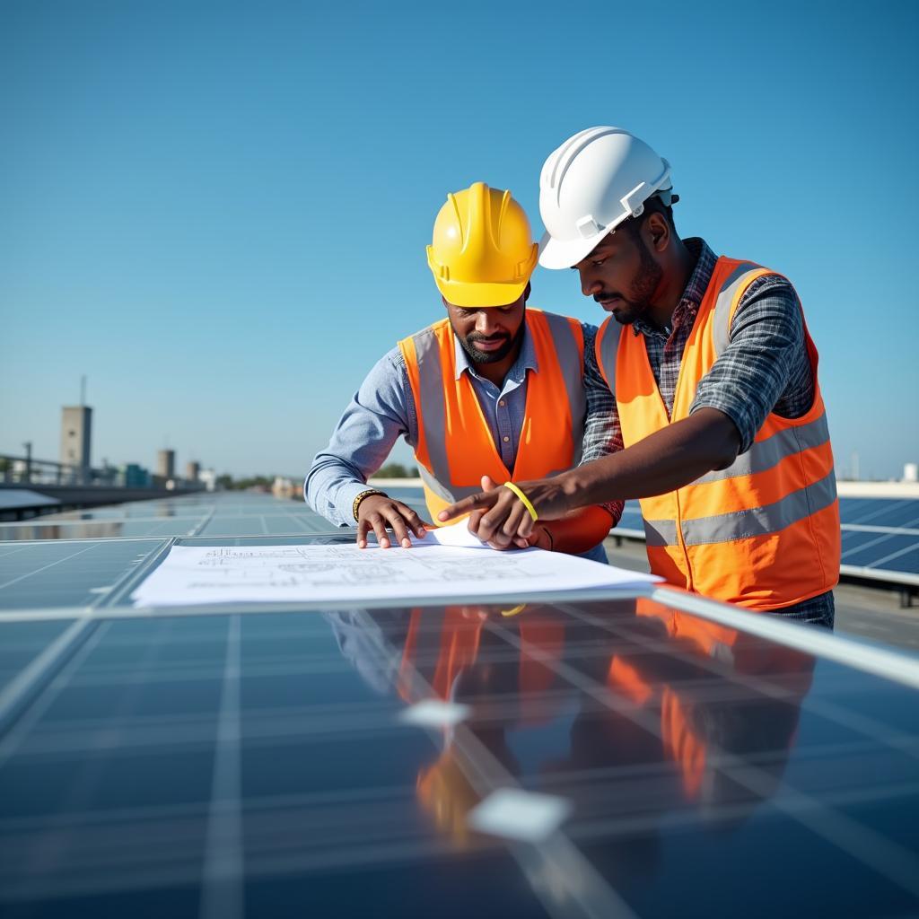 Các công nhân đang lắp đặt tấm pin mặt trời, minh họa cho lợi ích tạo việc làm từ ngành năng lượng tái tạo.