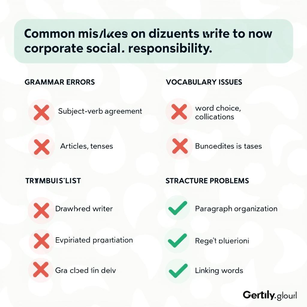 Minh họa các lỗi ngữ pháp và từ vựng phổ biến trong bài viết IELTS về trách nhiệm xã hội doanh nghiệp