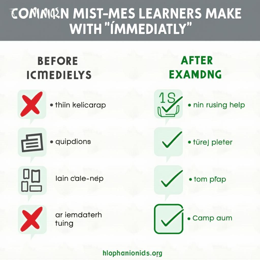 Infographic các lỗi sai phổ biến khi sử dụng immediately trong tiếng Anh và cách sửa chữa