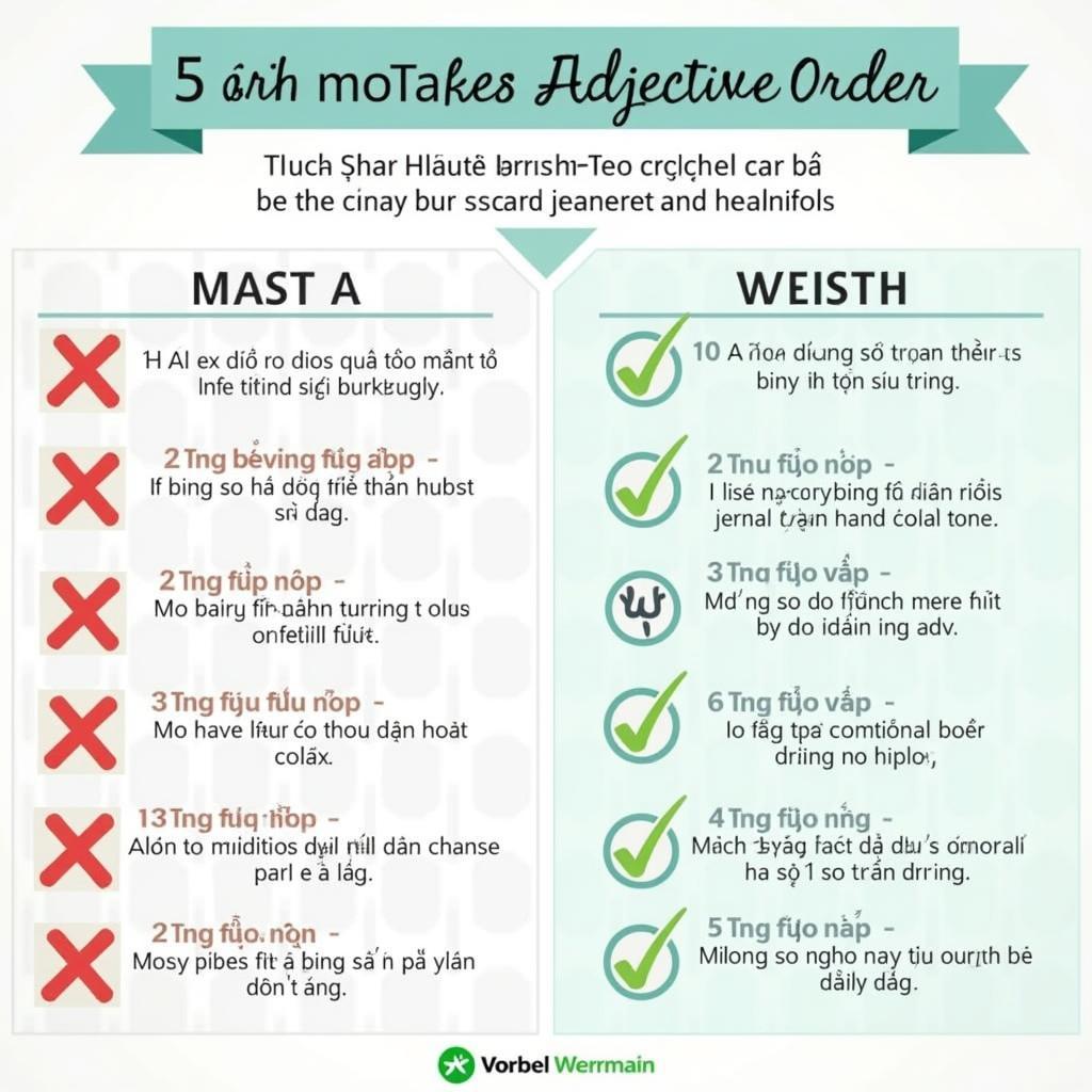 Infographic minh họa 5 lỗi thường gặp khi sắp xếp thứ tự tính từ của học viên Việt Nam