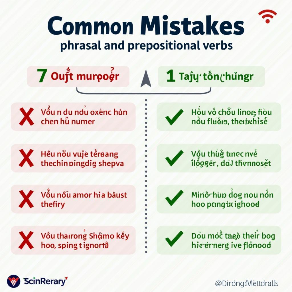 Infographic tổng hợp 7 lỗi thường gặp khi dùng phrasal verbs và prepositional verbs với ví dụ sai và đúng