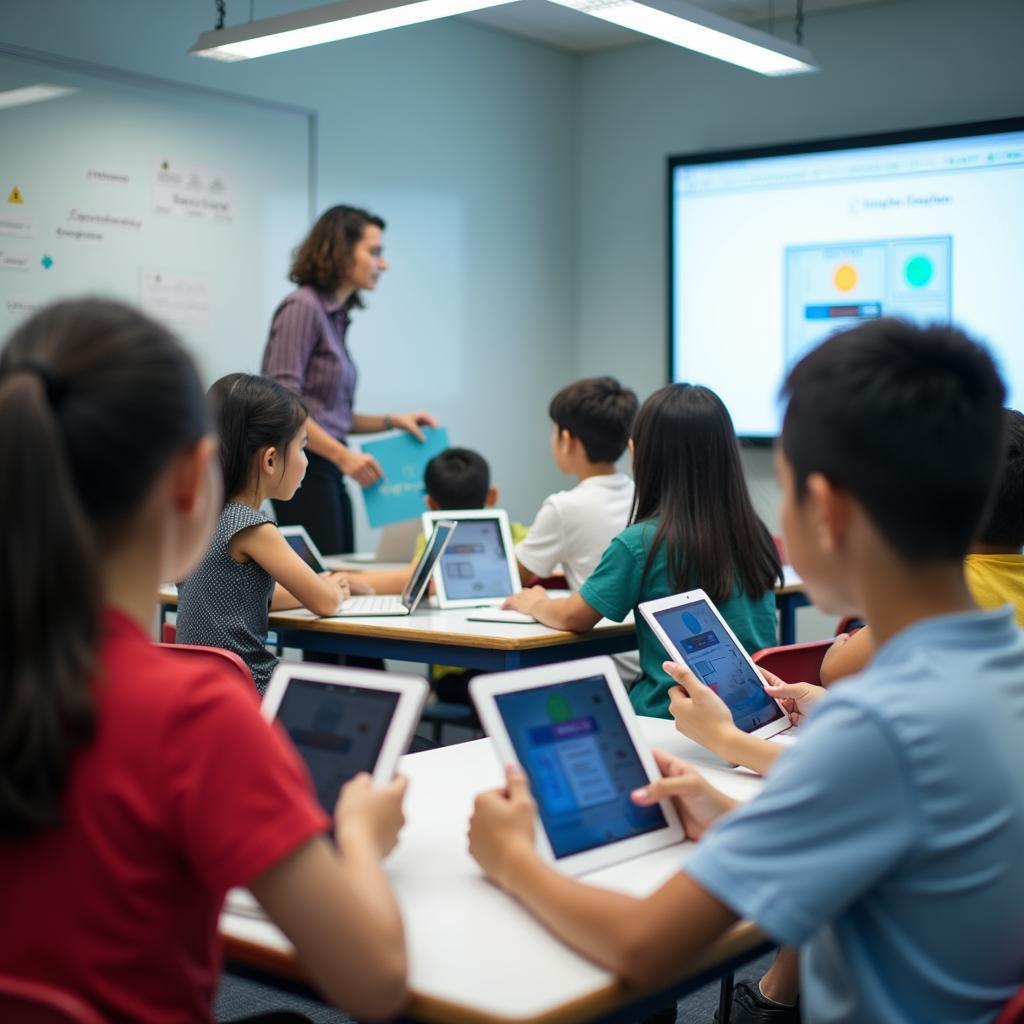 Lớp học công nghệ hiện đại với học sinh Việt Nam sử dụng máy tính bảng và công nghệ AI