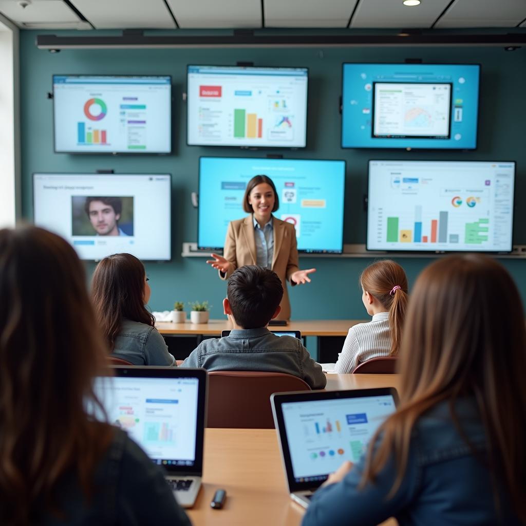 Lớp học hiện đại với công nghệ tự động hóa và học sinh sử dụng thiết bị thông minh