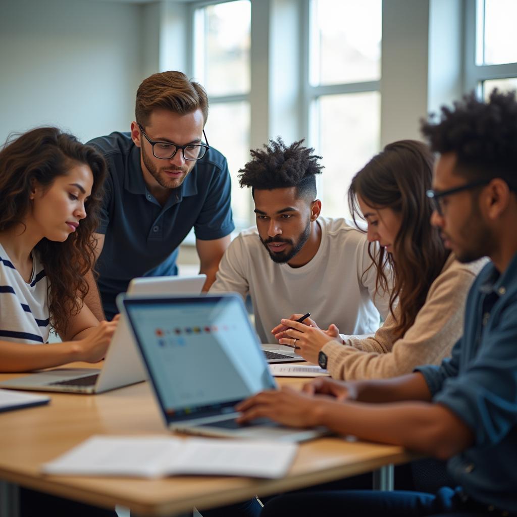 Lớp học đa văn hóa với sinh viên từ nhiều quốc gia sử dụng công nghệ học tập hiện đại