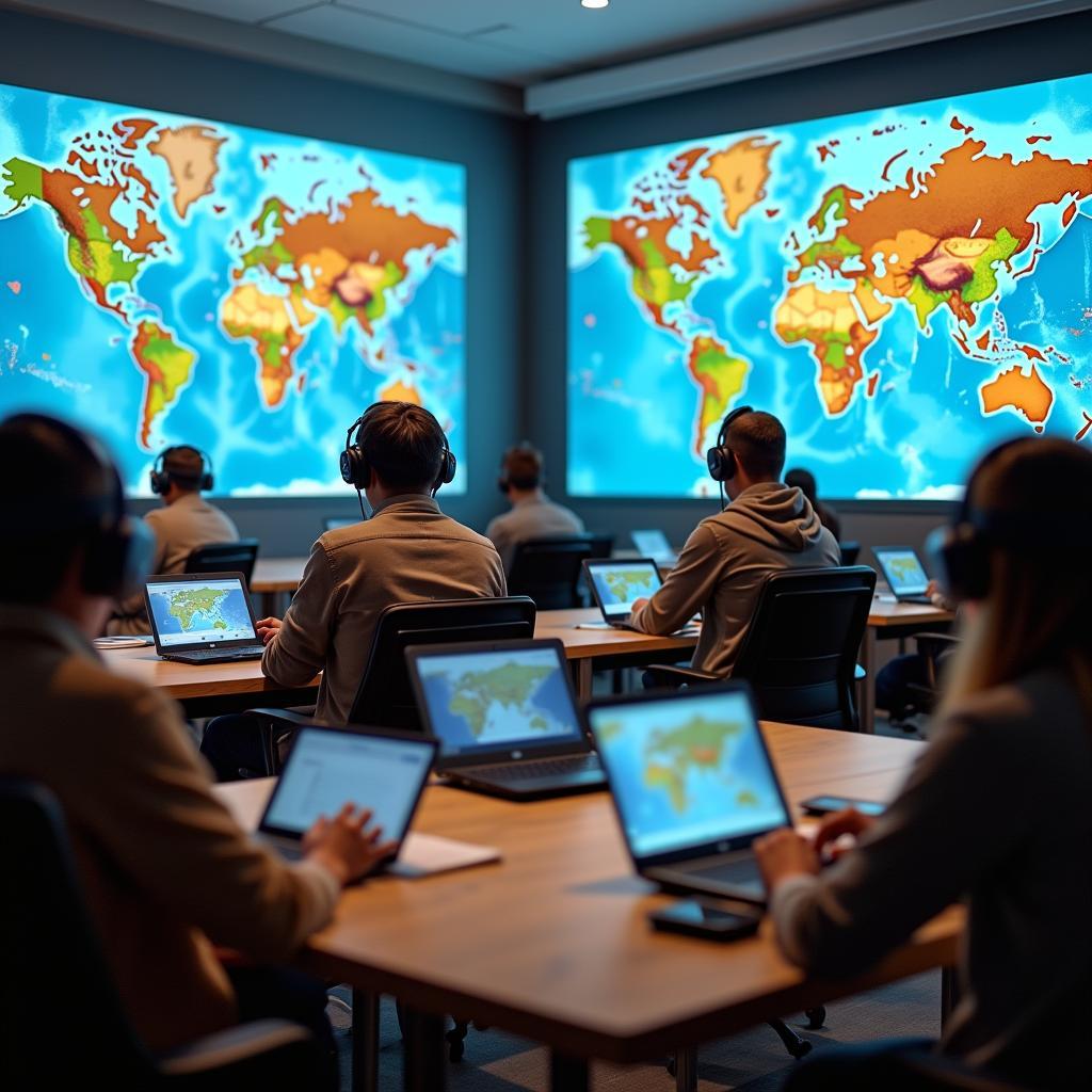Lớp học địa lý đa văn hóa với học sinh sử dụng công nghệ tương tác và bản đồ đa dạng