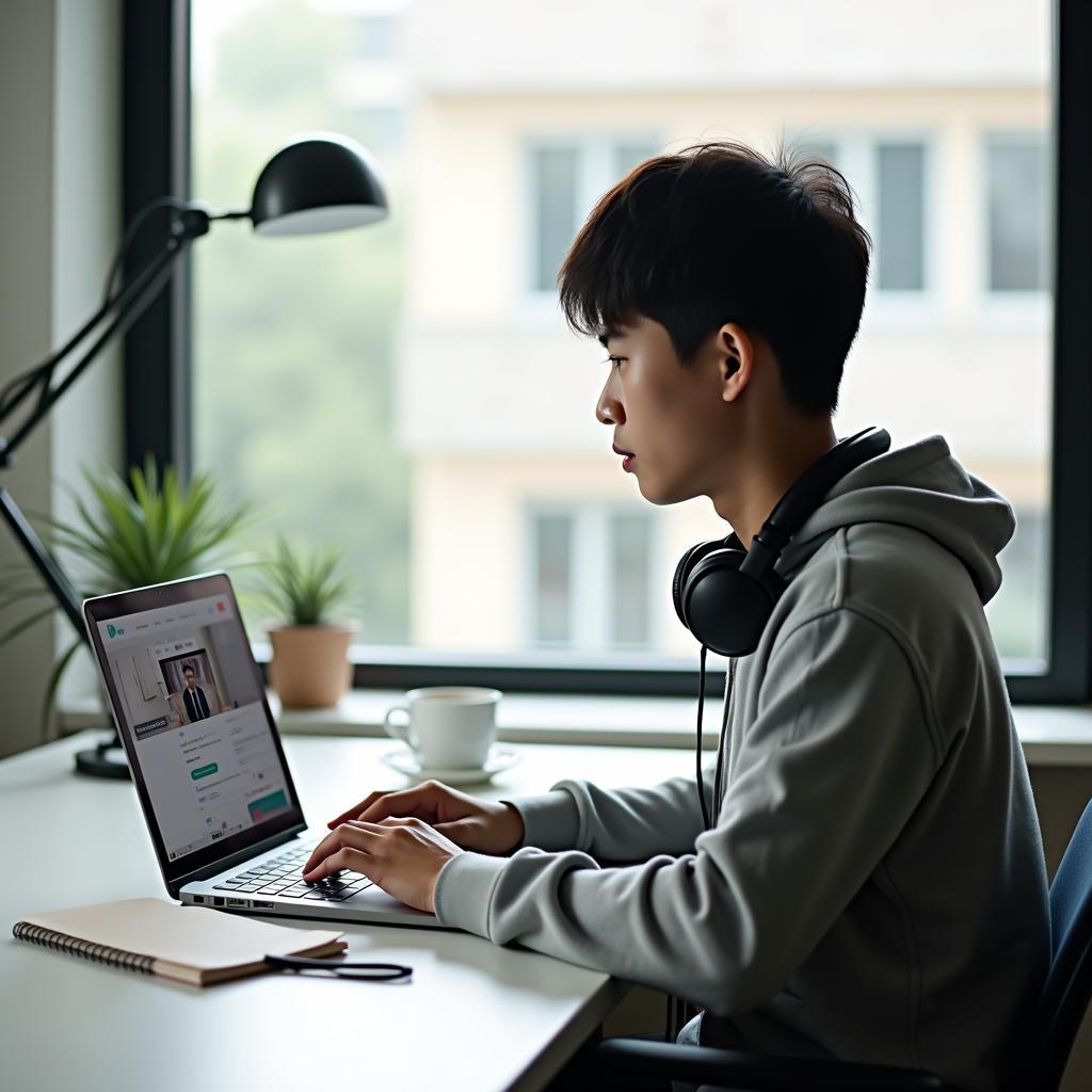 Học viên đang tham gia lớp học trực tuyến qua laptop với giao diện khóa học chuyên nghiệp minh họa cho IELTS Speaking chủ đề online course