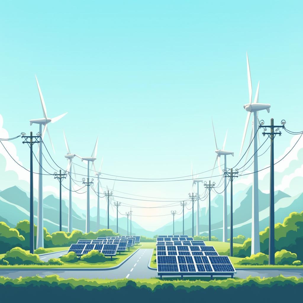 Hệ thống lưới điện năng lượng tái tạo hiện đại với tua bin gió và tấm pin mặt trời kết nối thông minh