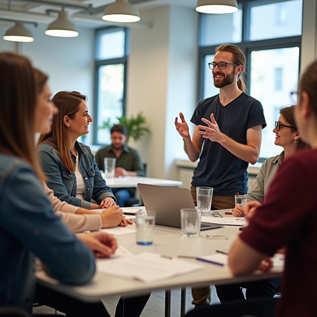 Người trưởng thành đang luyện tập kỹ năng giao tiếp và thân thiện qua workshop phát triển cá nhân