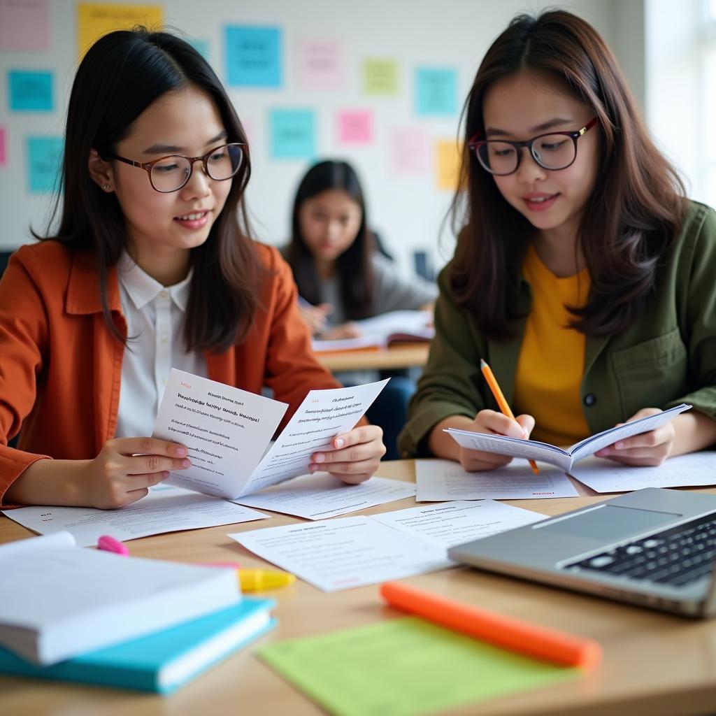 Học viên IELTS ghi chép từ vựng và ngữ pháp quan trọng cho chủ đề chia sẻ kiến thức