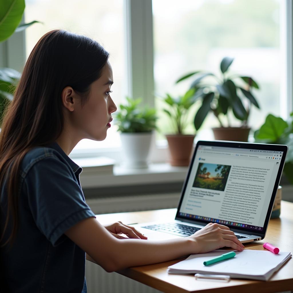 Học viên đang luyện tập IELTS Reading với chủ đề AI trong bảo tồn môi trường trên máy tính