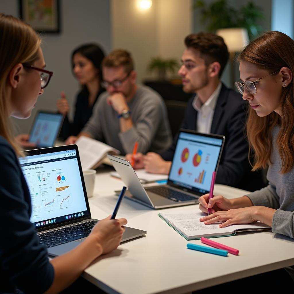 Học viên luyện tập IELTS Reading với chủ đề AI và tài chính, có sách Cambridge và laptop